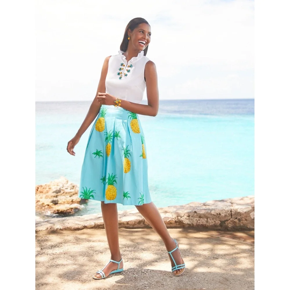 Talbots RSVP Pineapple Pleated Midi Skirt 6 Blue Tropical Cotton A-Line Preppy